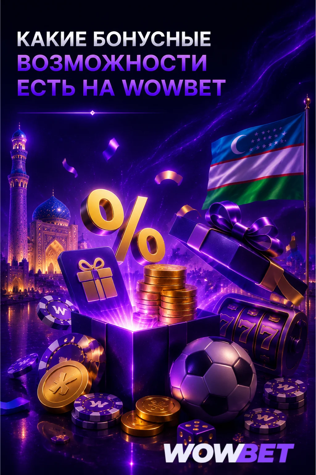Бонусы Wowbet в Узбекистане — 100% на первый депозит